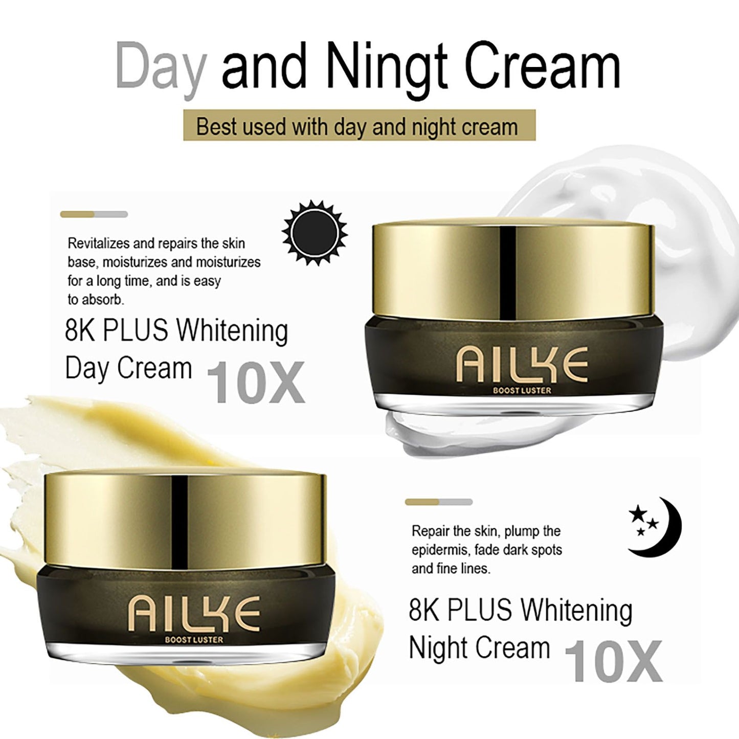 AILKE Whitening Face Cream, Reduce Dark Spots, Moisturizing, Inhibit Melanin, With Collagen, Glutathione, For Men and Women